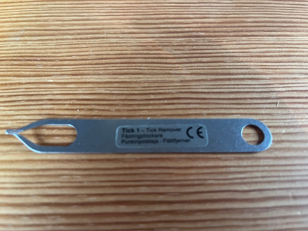 Bilde av en flåttfjerner laget av metall, plassert på et treaktig underlag.