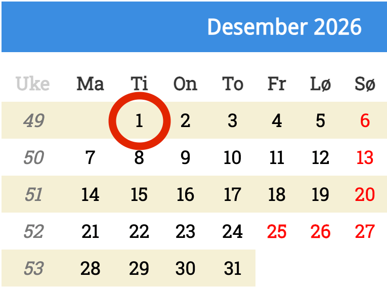 Kalender for desember 2026 med 1. desember markert med en rød ring.